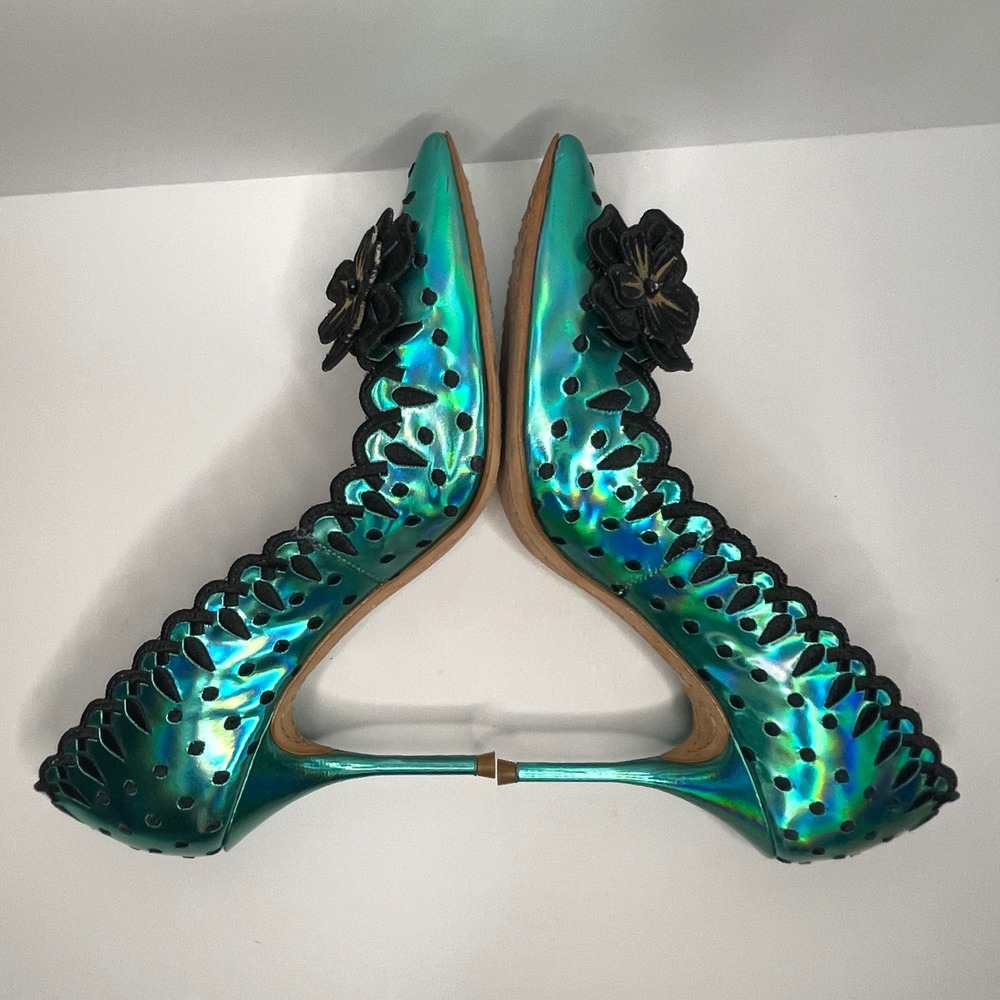 Sophia Webster Lilico Iridescent Teal Green Floral Pumps 36.5 Scalloped Stiletto - Picture 6 of 9